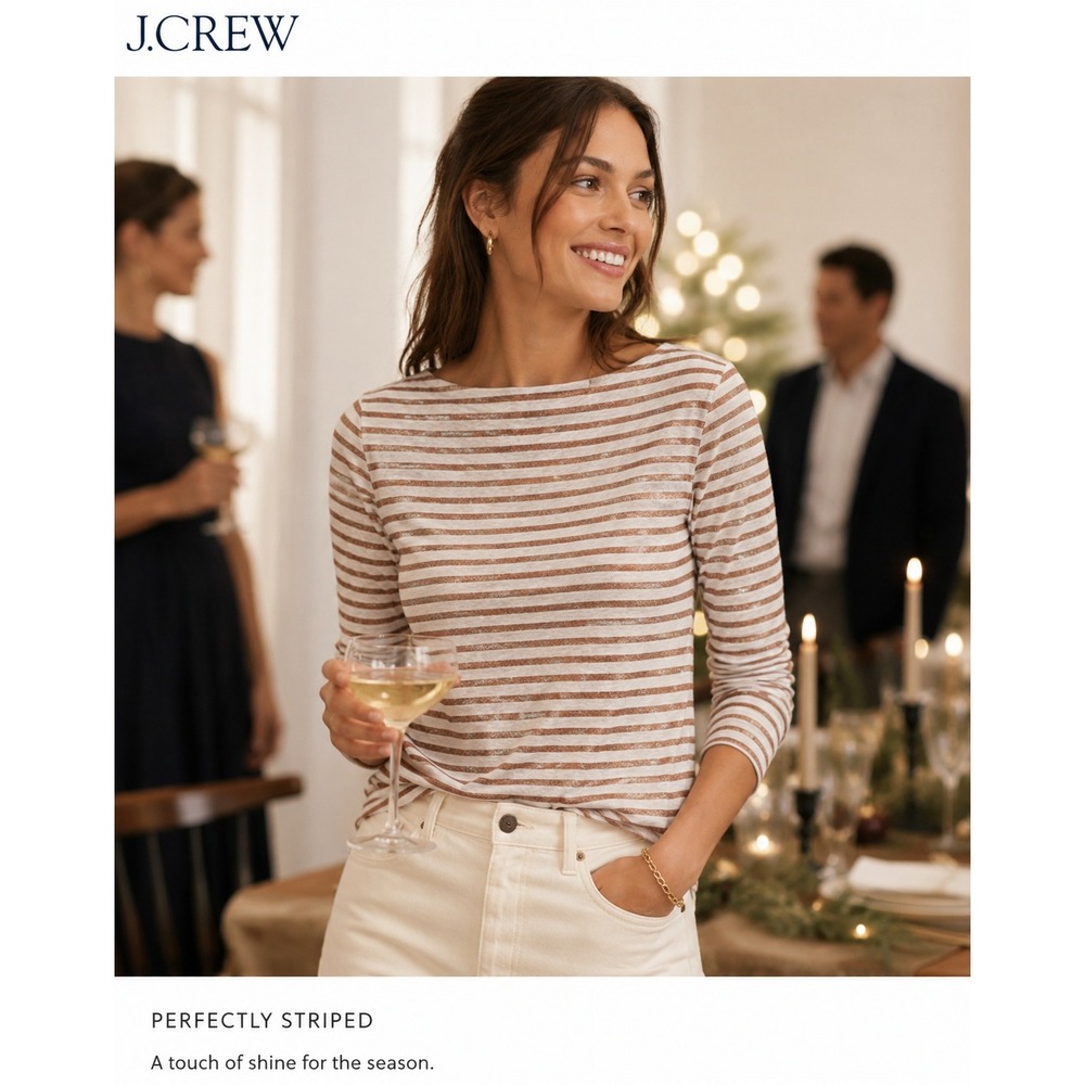 J.Crew Artist T Metallic Striped Long Sleeve Boatneck‎ Shirt Rose Gold Small